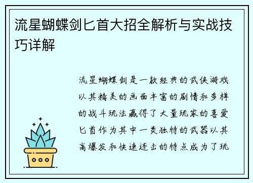流星蝴蝶剑匕首大招全解析与实战技巧详解