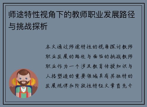 师途特性视角下的教师职业发展路径与挑战探析